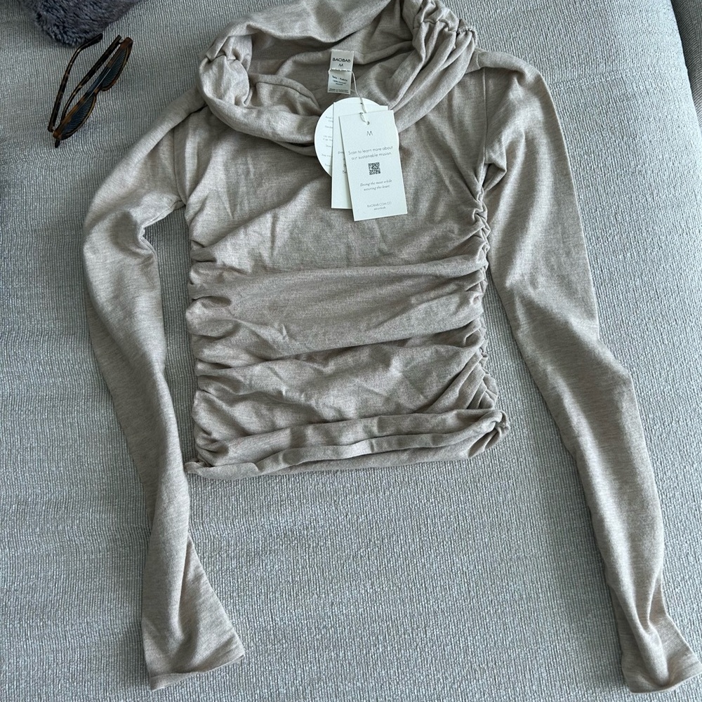 Baobab Collection Off-Shoulder Ruched Sweater - Taupe - Picture 10 of 11
